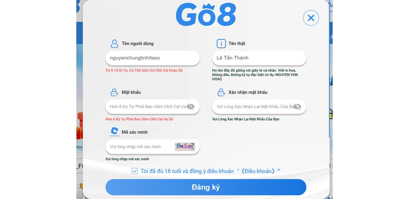 Đăng Ký Go8 - Điều Kiện Cơ Bản, Lưu Ý Cho Thành Viên Mới 9 Điền đầy đủ thông tin vào form đăng ký Go8
